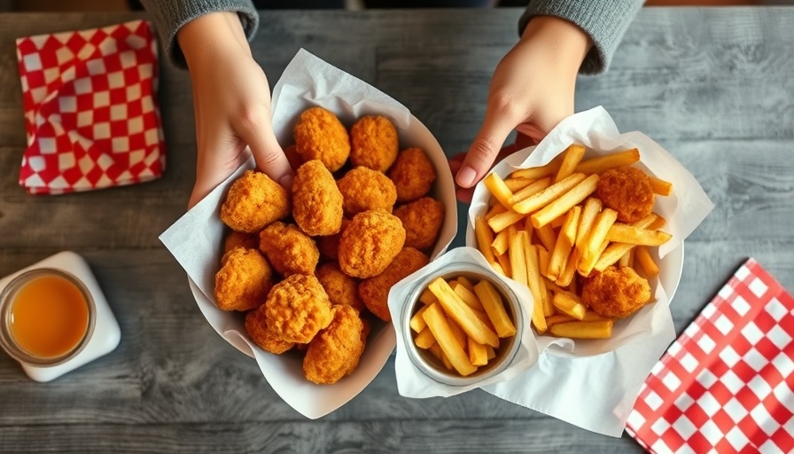 Overhead view of ultra-processed foods like chicken nuggets and fries.