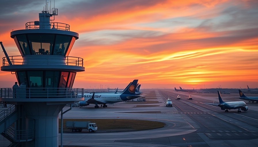 Airport control tower managing runway safety technology in aviation.