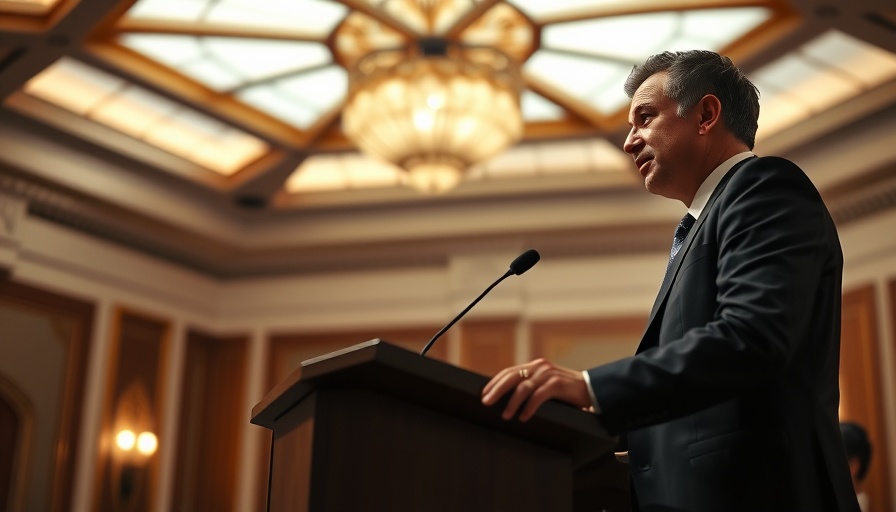 Speaker at podium during formal business presentation