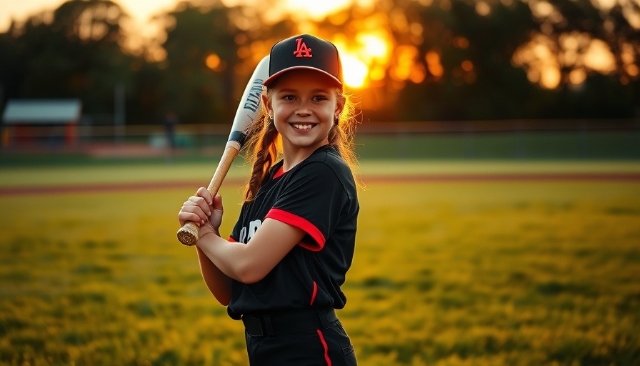 Young girl in baseball gear on a field at sunset, Lucy Dillon's legacy.