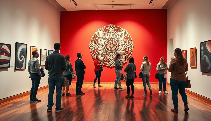 Visitors at Austin art show appreciate vibrant gallery display.