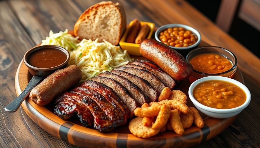 Austin lifestyle BBQ platter with smoked brisket and sides.