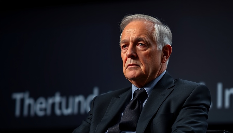 Serious man in suit with thoughtful expression on stage.