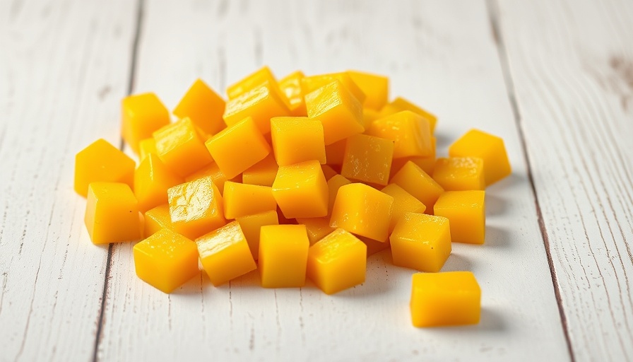 Close-up of vibrant diced mango cubes with leaves, promoting health benefits.