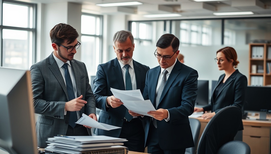 Investigators discussing documents in a modern office.