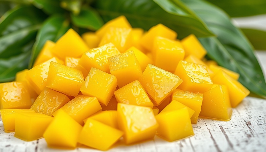Fresh diced mango cubes on rustic table, health and wellness theme