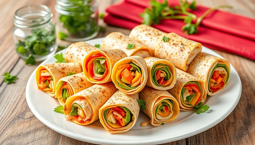 Mediterranean roll-ups recipe on a white plate with parsley and napkins.