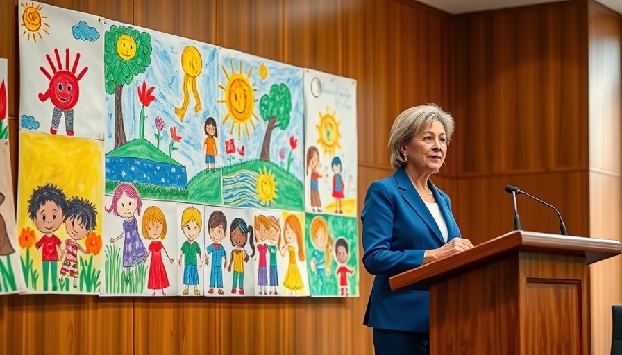 Arts education benefits: colorful children's art and speaker at podium.