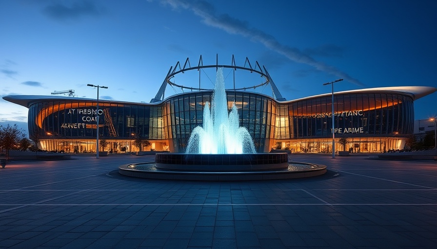 Fort Bend County convention center project at twilight with fountain.