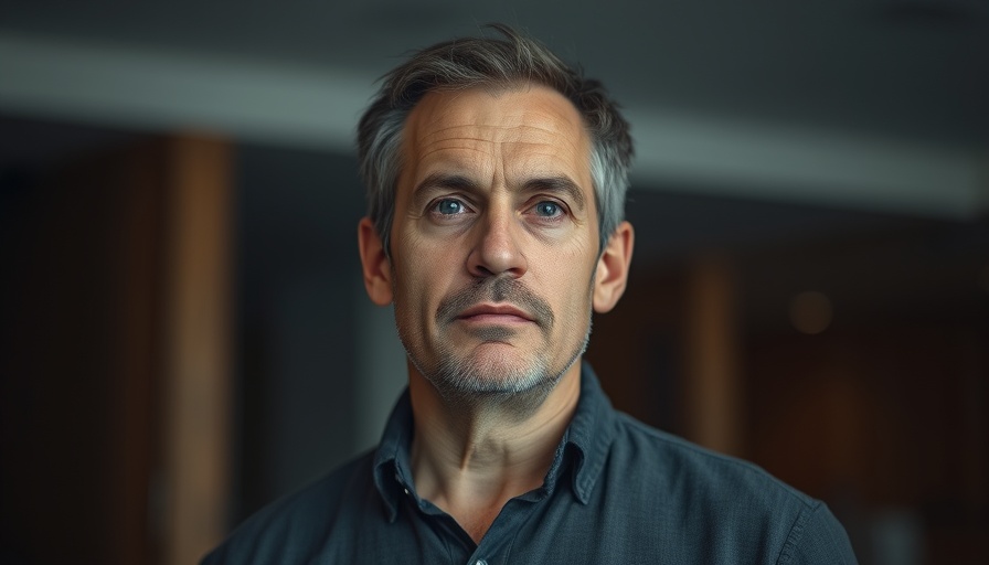 Middle-aged man indoors, focused expression, blurred background.