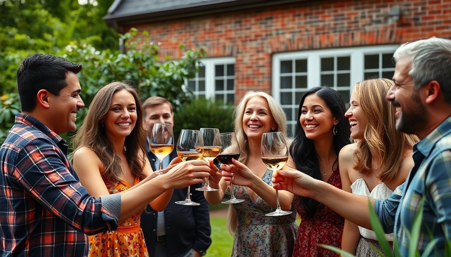 Group of friends celebrating with wine in a garden, vibrant gathering.