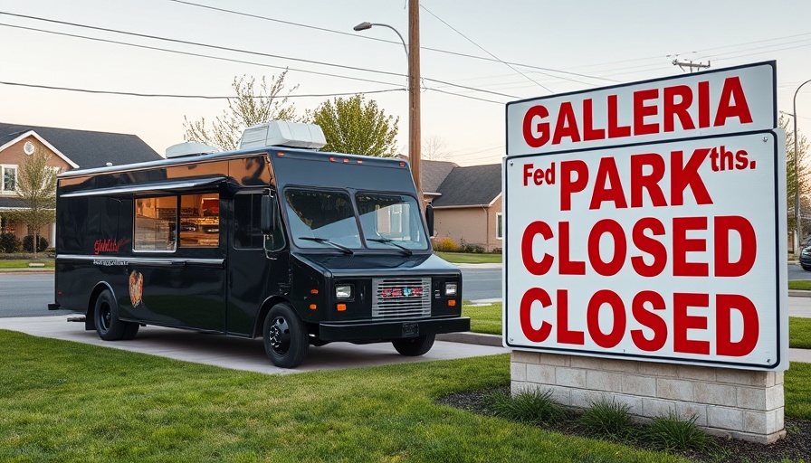 Galleria Food Truck Park Closure sign and idle food truck.