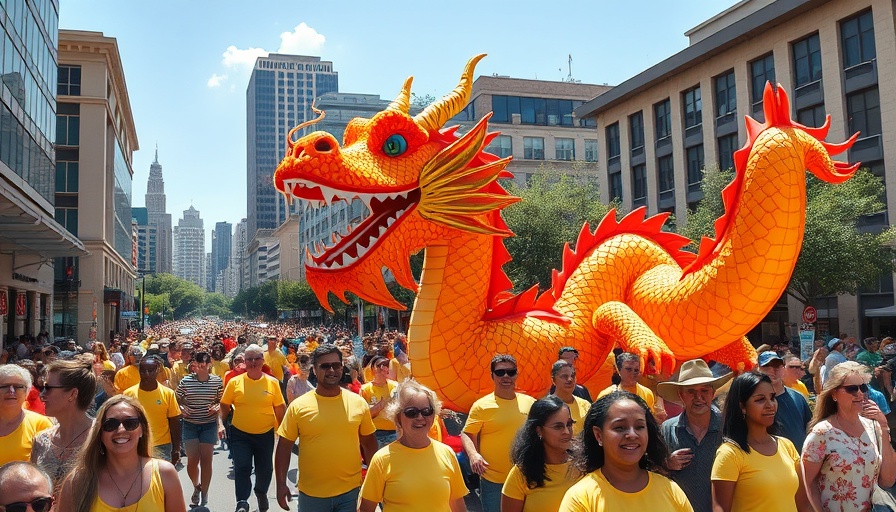 Vibrant Austin street parade with dragon float and sunny skies.