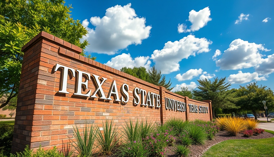 Texas State University sign amid greenery under blue sky.