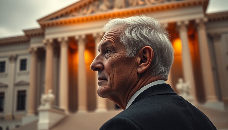 Reflective older man facing Supreme Court building