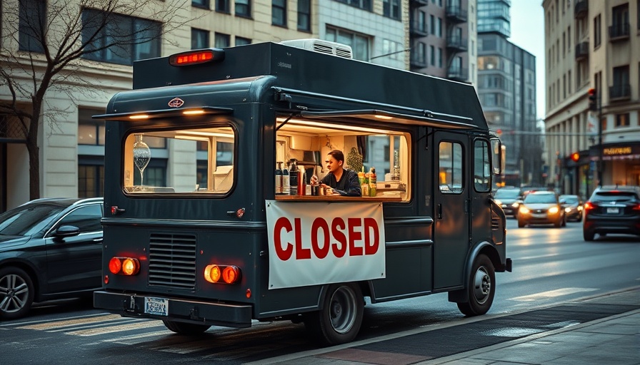 Galleria Food Truck Park Closure sign near black food truck in daylight.