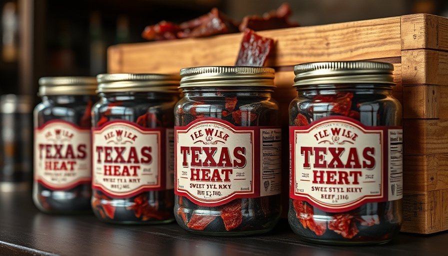 Close-up of Texas beef jerky display with jars and packaging.