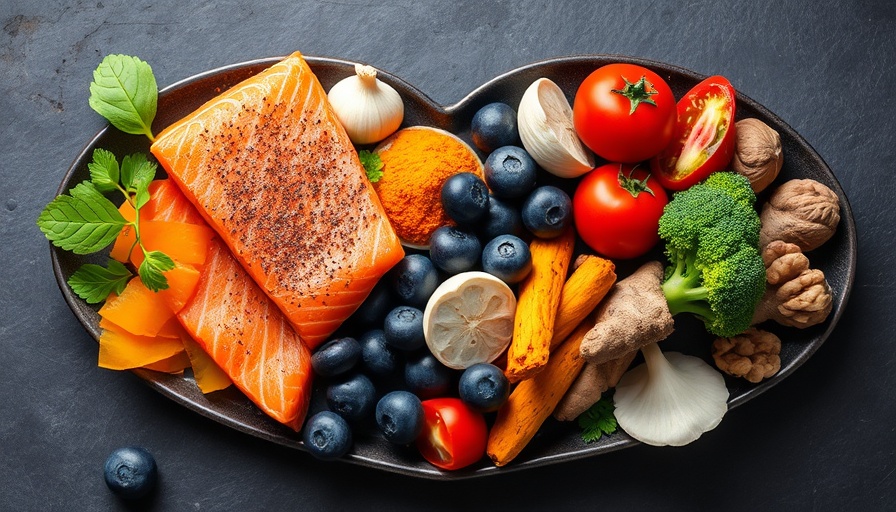 Heart-friendly foods and herbs on a heart-shaped plate, vibrant display.