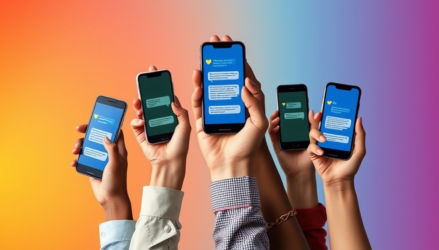 Diverse hands with phones featuring chat bubbles for friendship apps.
