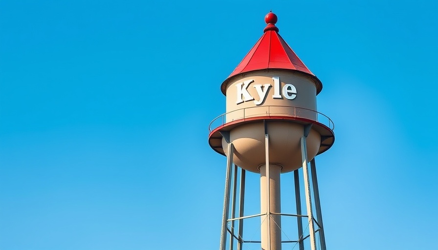 Kyle tall water tower against blue sky in natural daylight.