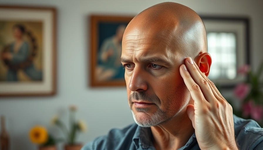 Middle-aged man practicing mental wellness with facial tapping in a calm setting.