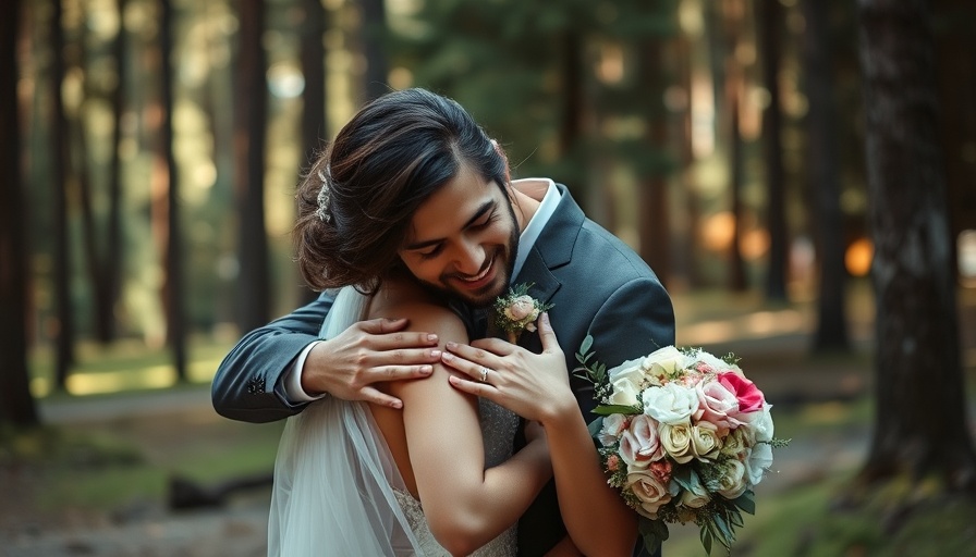Selena Gomez and Benny Blanco wedding embrace in forest setting.
