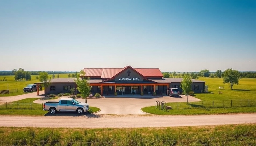 Rural veterinary clinic with parked cars under a sunny sky