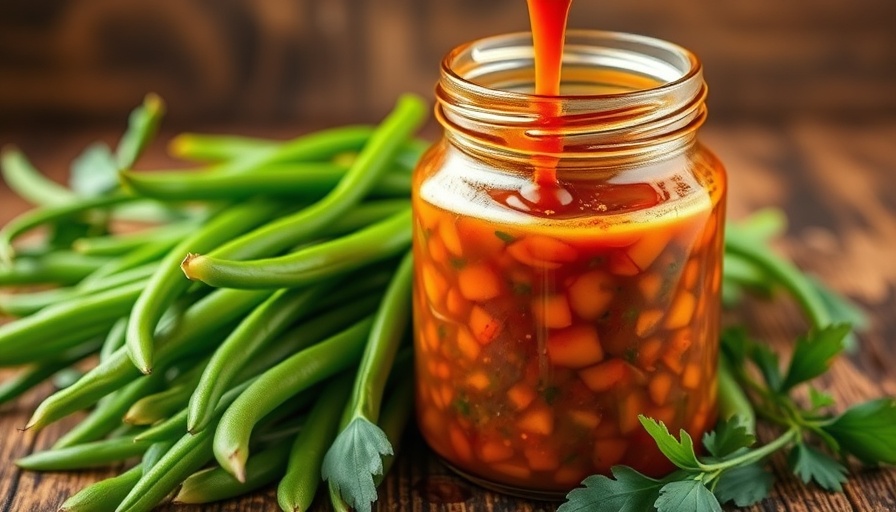 Szechuan Beans in jar with spicy sauce pouring.
