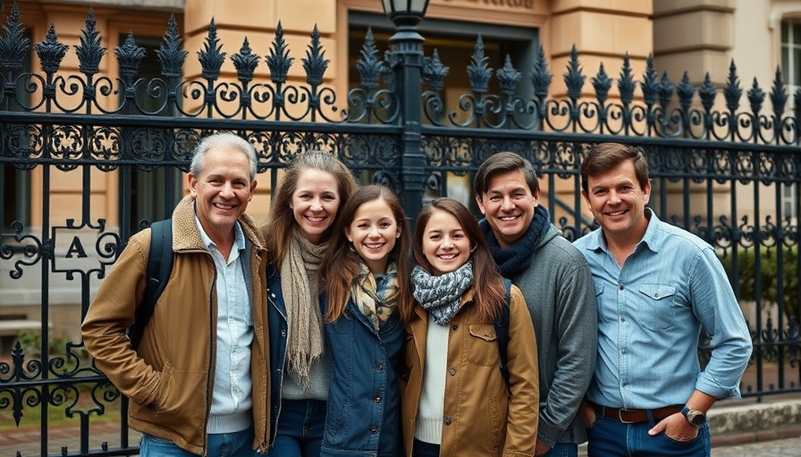 Family gathering in front of a building, cheerful moment.