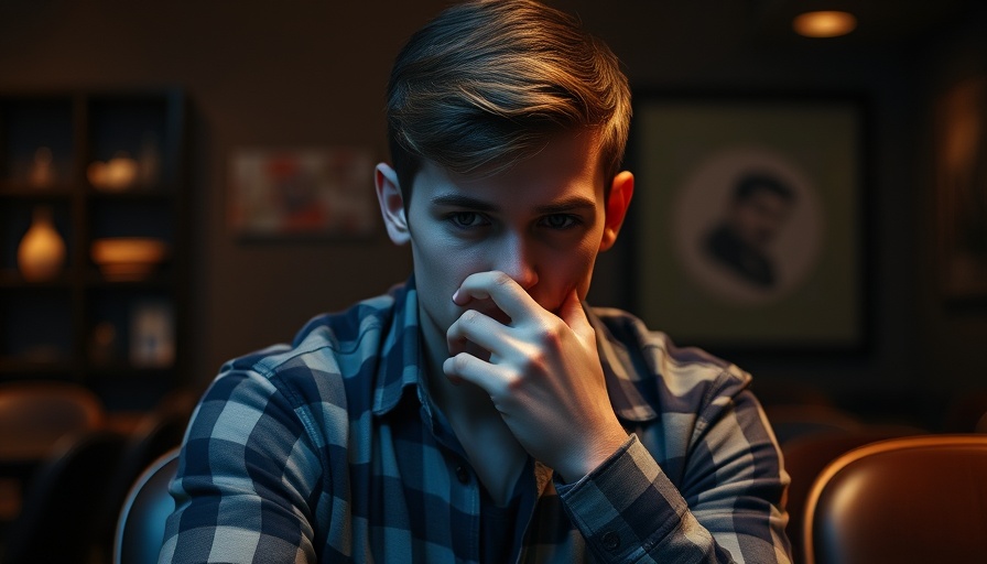Introspective young man in plaid shirt, dim lighting.