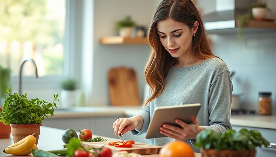 Woman cooking in a kitchen, using a tablet during Kohl's Epic Deals Sale.