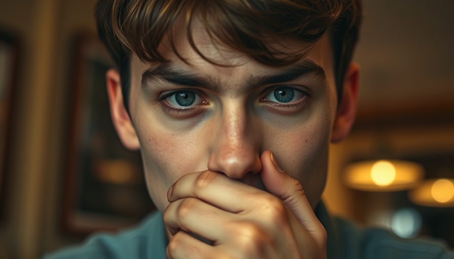 Young man with intense gaze covering mouth in vintage style.