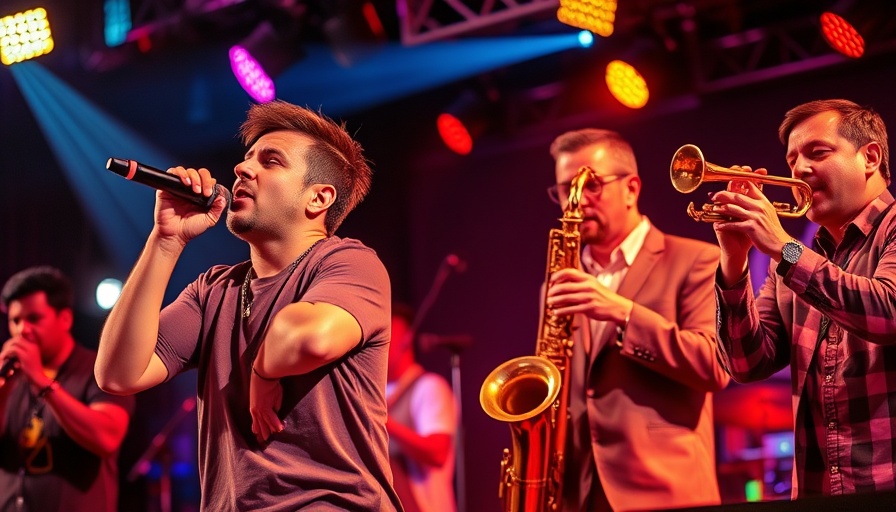 Energetic band in San Antonio performing with vivid stage lighting.