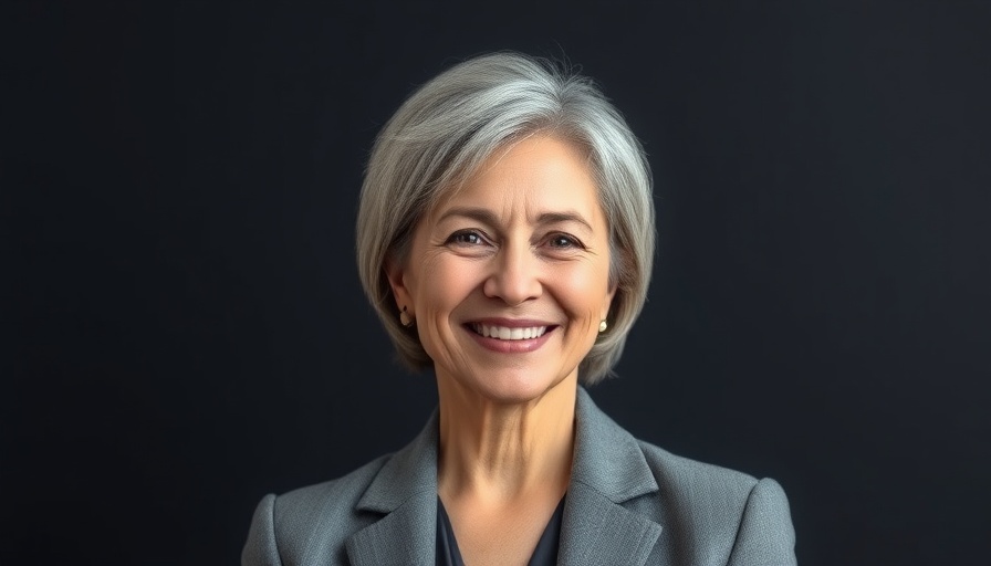 Confident middle-aged woman smiling in an educational setting related to mental health for seniors.