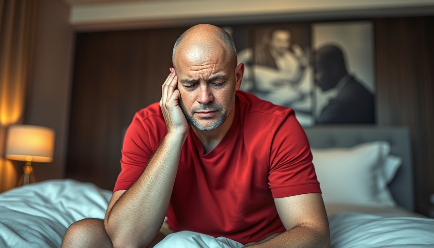 Bald man on bed holding back, Fix Your Back in Seconds topic.