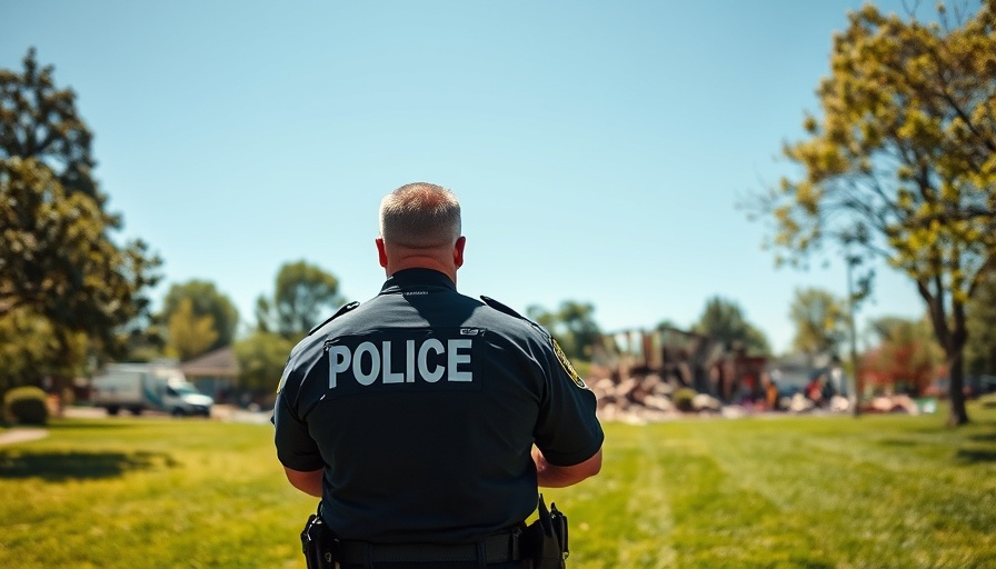 Police officer at Michigan church shooting scene, lush green lawn, clear sky.
