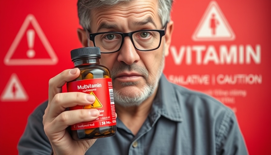 Person with multivitamin bottle and warning symbol, caution advice.
