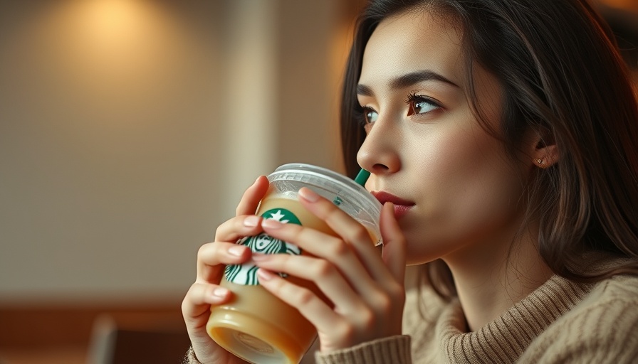 Young woman sipping Starbucks drink with protein cold foam in cozy setting.