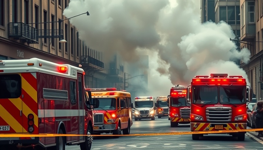 Emergency response scene with smoke, ambulances, and police.