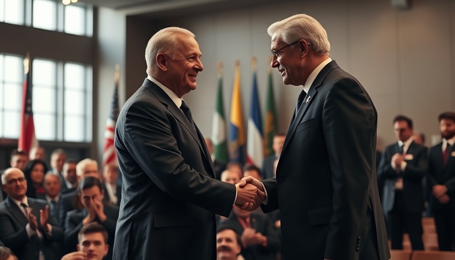 Gaza peace plan news event with two leaders shaking hands.