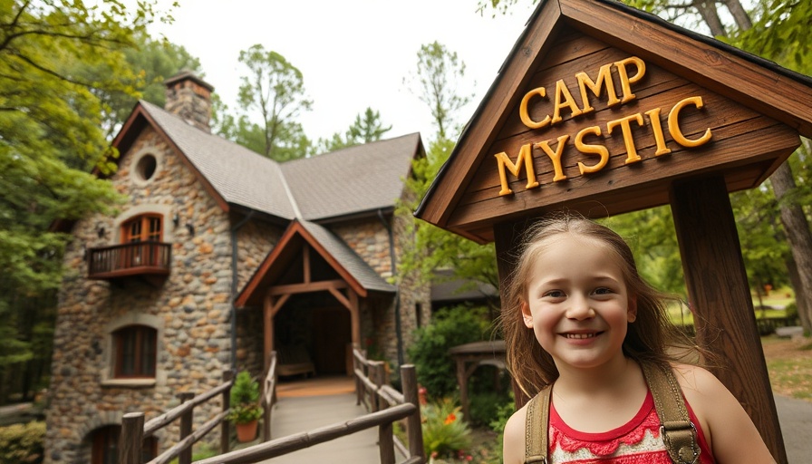 Rustic building at Camp Mystic with young girl, Camp Mystic reopening controversy.
