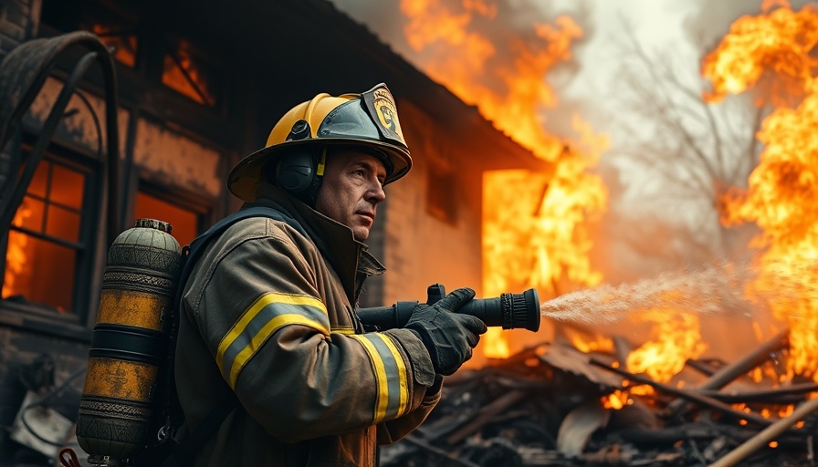 California firefighter battling blaze amid ruins, highlighting disaster relief efforts.