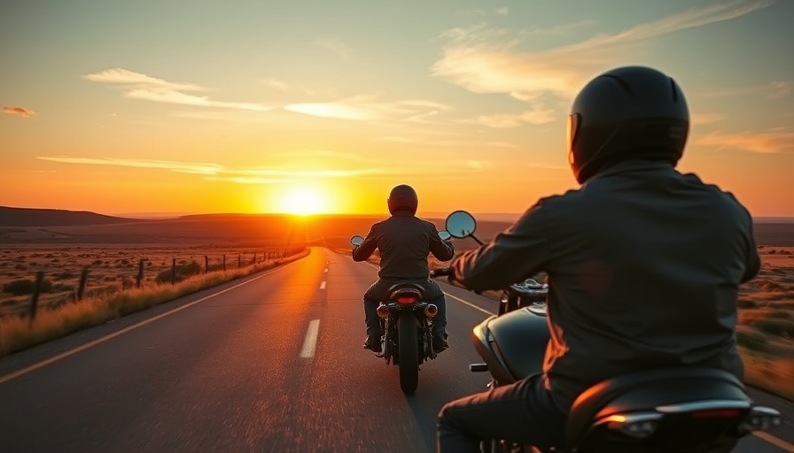Motorcyclist riding safely on Texas highway at sunset.