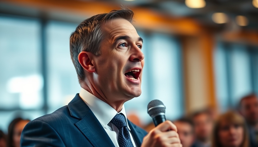 Businessman speaks passionately at podium, addressing audience indoors.