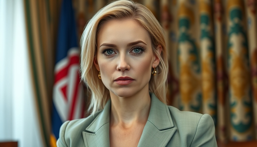Blonde woman in formal setting with colorful curtains.