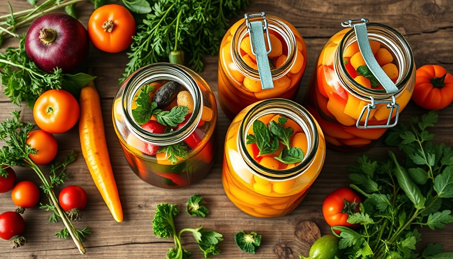 Colorful preserved vegetables in jars on rustic table with herbs.