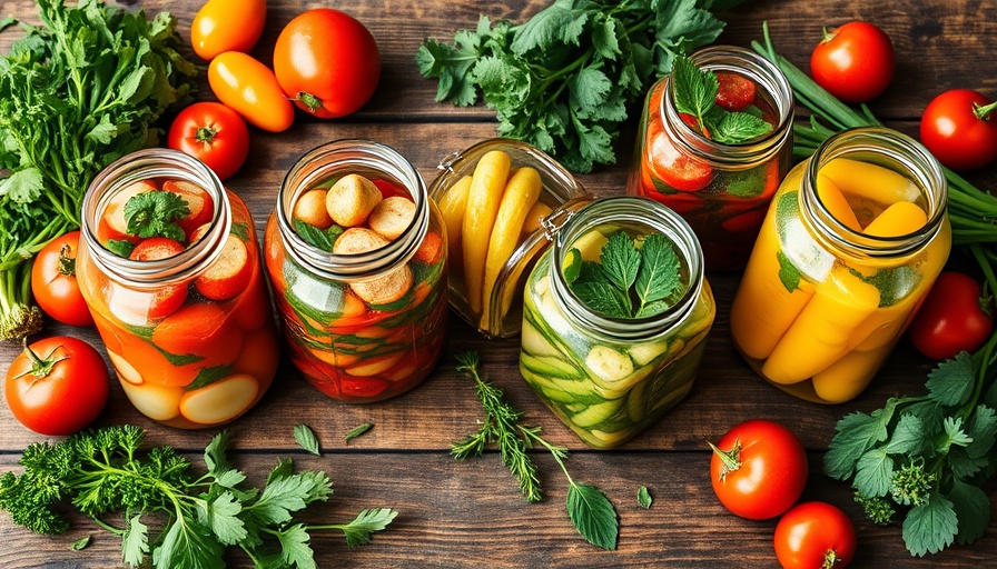 Home food preservation techniques with mixed pickled vegetables.