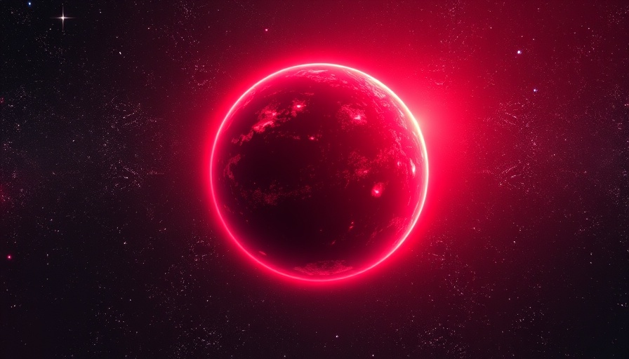 SIMP-0136 auroras glowing on a vibrant red-hued planet.