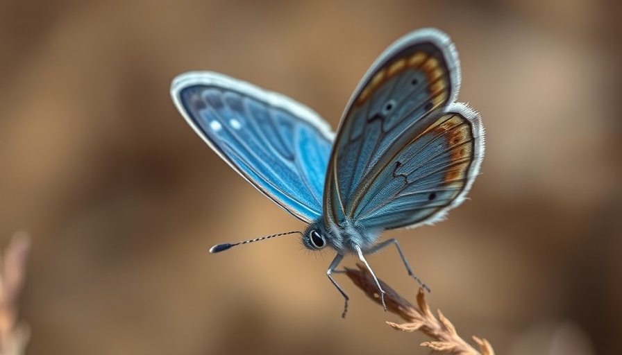 Atlas blue butterfly perched on flower, intricate patterns visible.