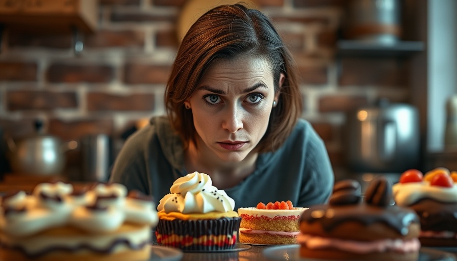 Gen X woman stressed over ultra-processed food choices in kitchen.
